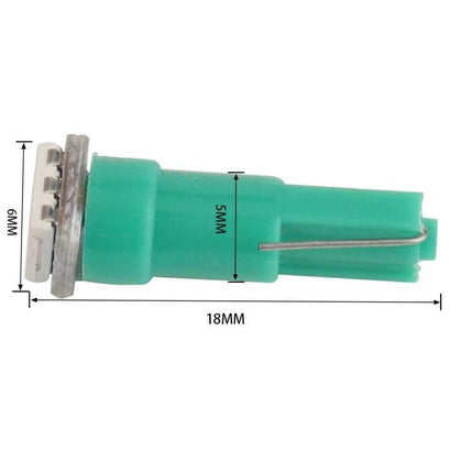 Car LED Indicator Lights, Green, 30-Pack for License Plate - green T5 LED bulb with plastic housing showing 18mm length and 6mm head dimensions
