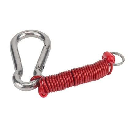 Safety Cable for Secure RV Trailer Towing Adventures - galvanized PVC-coated red coiled cable with stainless carabiner for trailer safety
