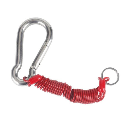 Safety Cable for Secure RV Trailer Towing Adventures - red PVC-coated coiled cable with carabiner and key ring