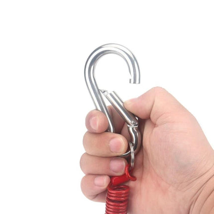 Safety Cable for Secure RV Trailer Towing Adventures showing hand-held galvanized PVC-coated spring rope with carabiner clip