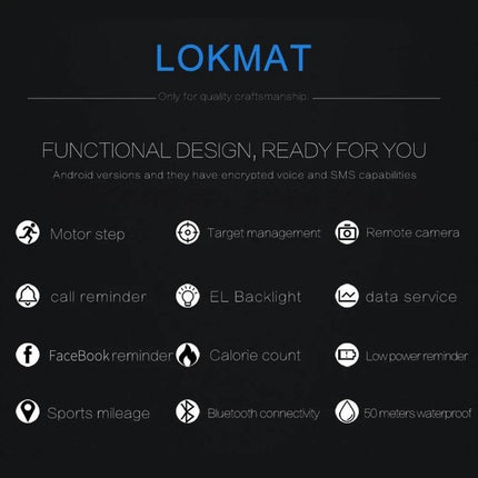 Lokmat Smart Watch for Daily Activity Tracking and Notifications - black feature icons showing step count, call/Facebook reminders, calorie count, Bluetooth and waterproof specs