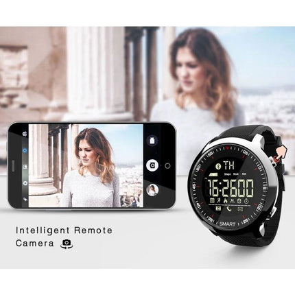 Lokmat Smart Watch for Everyday Activity and Reminders showing black smartwatch with remote camera feature displaying phone photo
