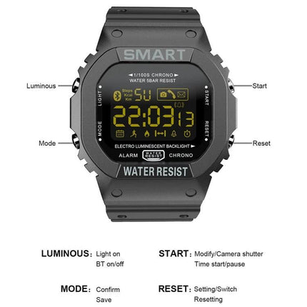 Lokmat Smart Watch for Everyday Activity and Health Tracking - black digital display showing time, steps, and labeled buttons for mode, start, reset, luminous