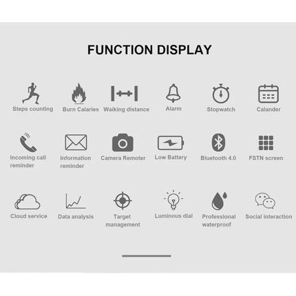 Lokmat Smart Watch for Everyday Activity and Health Tracking function icons showcasing steps, calories, alarm, stopwatch, camera remote, Bluetooth, low battery