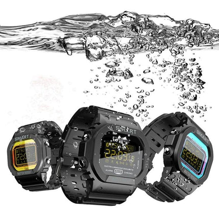 Lokmat Smart Watch for Everyday Activity and Health Tracking - three black waterproof smartwatches with water splash, step and calorie display