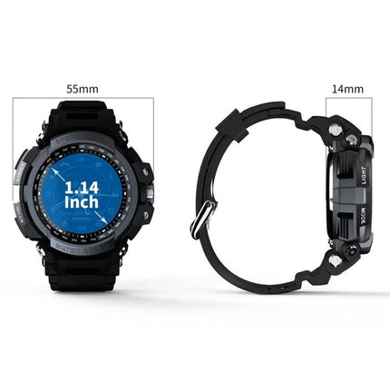 Lokmat Watch for Daily Activity Monitoring and Reminders - black rugged smartwatch 1.14 inch display, 55mm face, 14mm thickness, side buttons for light and mode