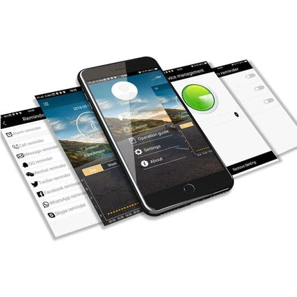 Lokmat Watch for Daily Activity Monitoring and Reminders showing smartphone app screens for step tracking, reminders and discreet buzzer alerts