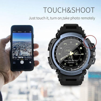 Lokmat Watch for Daily Activity Monitoring and Reminders showing watch beside smartphone with remote camera touch and discreet buzzer alerts