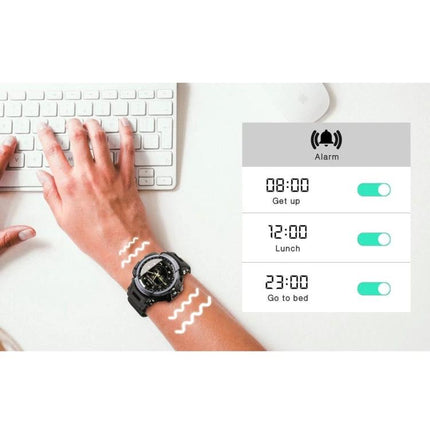Lokmat Watch for Daily Activity Monitoring and Reminders on wrist showing step tracking and discrete buzzer alarms for wake, lunch, bedtime