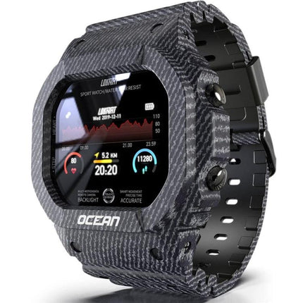 Lokmat Smart Watch for Daily Activity and Sleep Tracking rugged carbon-pattern wristwatch showing activity, heart rate, steps and sleep stats
