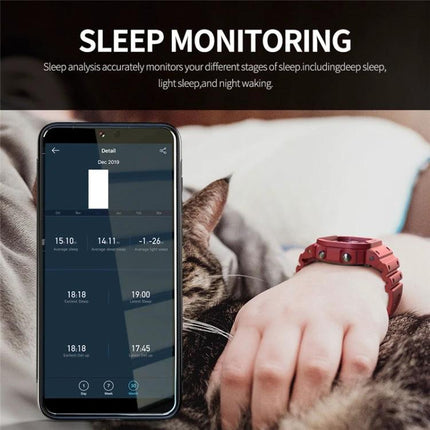 Lokmat Smart Watch for Daily Activity and Sleep Tracking showing sleep monitoring app on phone and watch on wrist