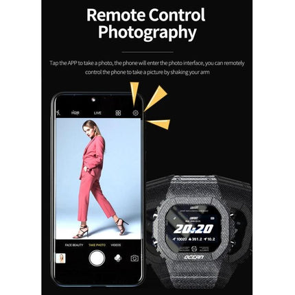 Lokmat Smart Watch for Daily Activity and Sleep Tracking showing remote camera control on smartphone and watch display