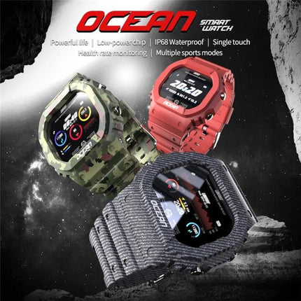 Lokmat Smart Watch for Daily Activity and Sleep Tracking - rugged camouflage, red and gray models displaying steps, heart rate and sleep data on wrist