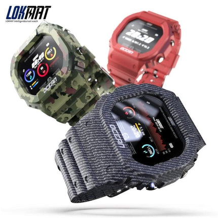Lokmat Smart Watch for Daily Activity and Sleep Tracking - rugged camo, red and grey models showing step, heart rate and sleep data on screen