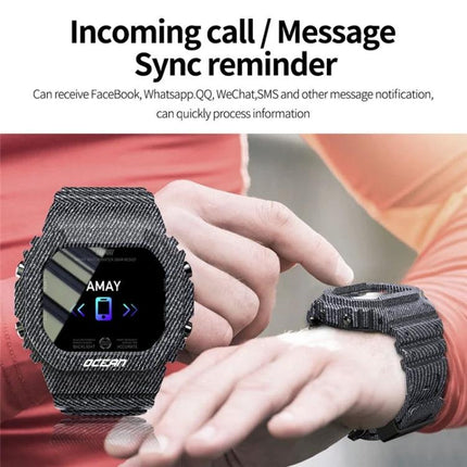 Lokmat Smart Watch for Daily Activity and Sleep Tracking displaying incoming call and message sync reminder on wrist