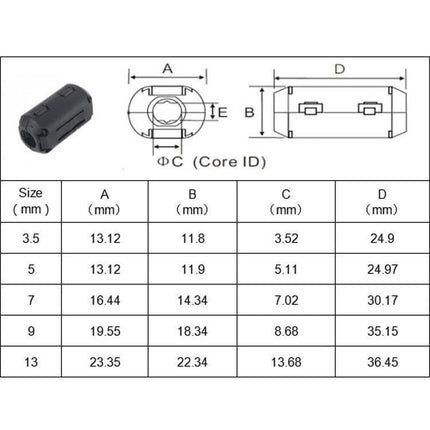 Ferrite Ring Cable Clip For 3.5mm Cables Anti Interference – diagram and size chart showing 3.5mm core ID, dimensions A,B,C,D and clip design