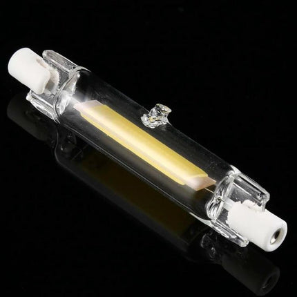 Versatile Glass Tube LED Bulb for Everyday Household Lighting - clear R7S COB 5W/13W tube on black background, halogen replacement for kitchens and garages