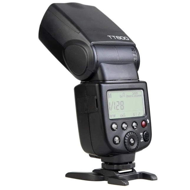 Godox Wireless Flash Speedlite for Canon and Nikon DSLR Cameras shown angled on stand with LCD screen and control buttons