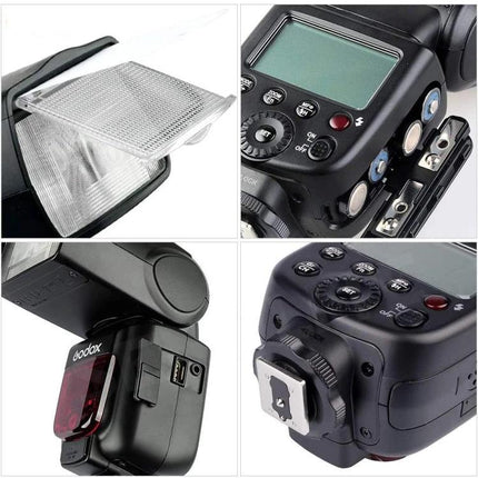 Godox Wireless Flash Speedlite for Canon and Nikon DSLR Cameras shown in four close-up shots of head, control panel, hotshoe mount, and diffusion panel
