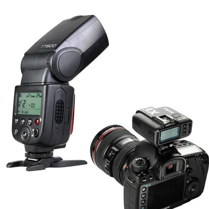 Godox Wireless Flash Speedlite for Canon and Nikon DSLR Cameras mounted on DSLR with wireless transmitter and adjustable head, studio and on-camera use