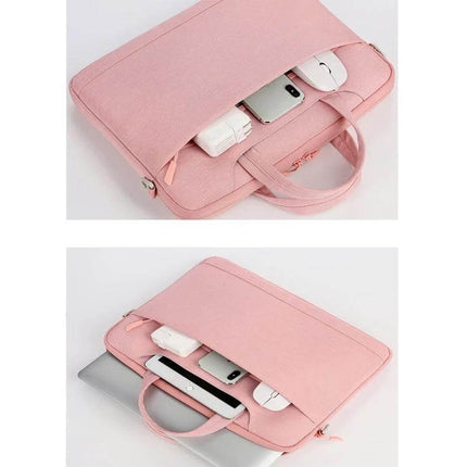 Practical Everyday Shoulder Bag for 13.3 to 15.6 Inch Laptops in pink, waterproof Oxford cloth with front pocket holding phone, charger and mouse