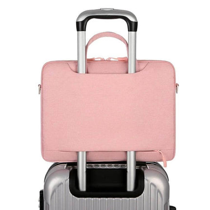 Practical Everyday Shoulder Bag for 13.3 to 15.6 Inch Laptops shown attached to a trolley case, pink waterproof Oxford cloth travel laptop bag