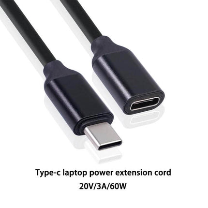 USB-C Male to Female Extension Cable for Power and Data Transfer - black USB-C extension cable for laptop and smartphone charging, 20V/3A/60W