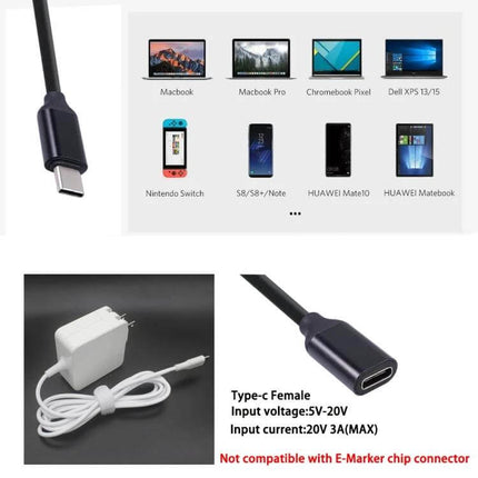USB-C Male to Female Extension Cable for Power and Data Transfer extending laptop and smartphone reach, USB2.0, not compatible with E‑Marker chips
