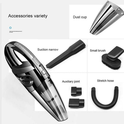 Car Handheld Wireless Vacuum Cleaner USB Charging For Interiors showing compact handheld unit with dust cup, suction nozzle, small brush, auxiliary joints and stretch hose