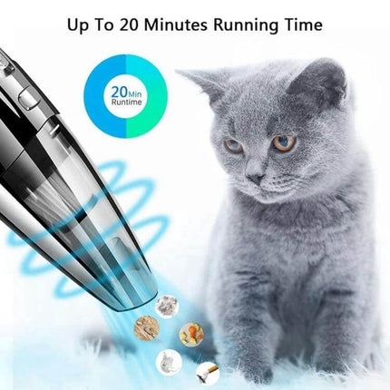 Car Handheld Wireless Vacuum Cleaner USB Charging For Interiors lightweight handheld vacuum picking up pet hair and crumbs near a gray cat