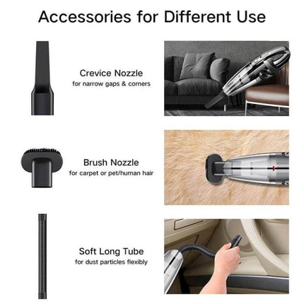 Car Handheld Wireless Vacuum Cleaner USB Charging For Interiors with crevice, brush nozzle and soft tube shown cleaning car seats and sofa