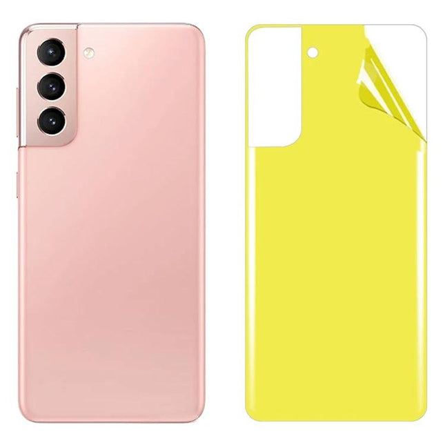 Full Coverage Rear Screen Protector for Samsung Galaxy S21 soft TPU clear rear film showing rose gold phone and yellow backing peel