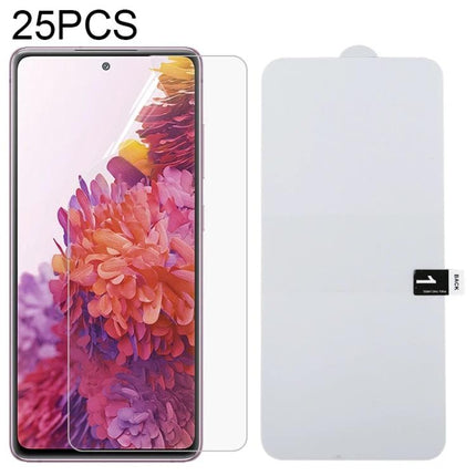 25-Pack Hydrogel Screen Protectors For Samsung Galaxy Phones displayed with clear hydrogel protector and installation tool