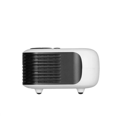 Transjee Mini Projector for Home Entertainment Viewing compact white mini projector shown from side with ventilation grille and tripod feet