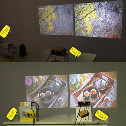 Transjee Mini Projector for Home Entertainment Viewing projecting dual images on a wall to compare brightness and color quality