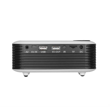 TRANSJEE A2000 Mini Projector for Home Entertainment showing rear ports: AV, 5V-IN, USB, 5V-OUT, IR, TF card slot and DC input