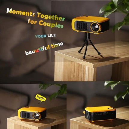 TRANSJEE A2000 Mini Projector for Home Entertainment showing yellow compact projector on tripod and tabletop for movie nights