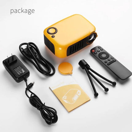 TRANSJEE A2000 Mini Projector for Home Entertainment compact yellow projector with remote, power adapter, cables, mini tripod and manual
