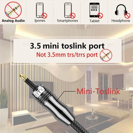 EMK 1.5m Digital Optical Audio Cable for Home Audio Systems – 3.5mm mini Toslink connector showing cable and living room setup