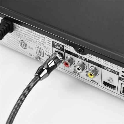 EMK 1.5m Digital Optical Audio Cable for Home Audio Systems connected from DVD player digital out to AV receiver, braided POF cable