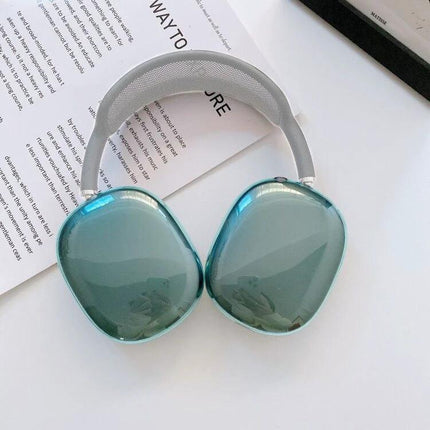 Protect Your AirPods Max with a Transparent Daily Case showing teal transparent protective covers on headphones