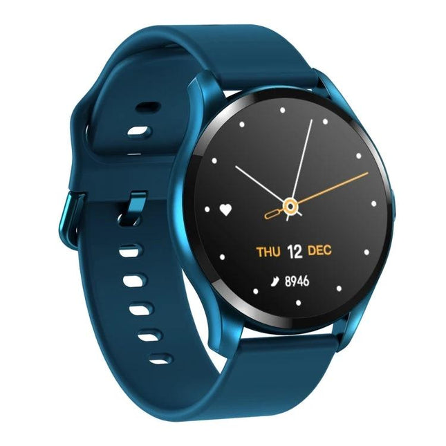 Versatile Smart Watch for Daily Health and Activity Tracking - blue round smartwatch showing date, steps and heart rate on display