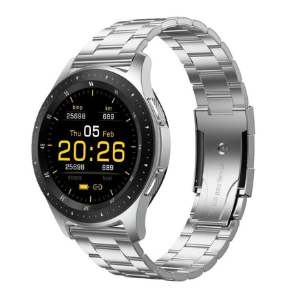 Daily Health Tracker Bracelet for Everyday Wellness Monitoring - silver smartwatch showing steps, heart rate and time on black circular display