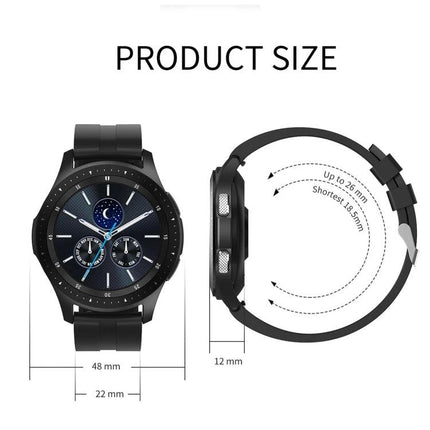 Daily Health Tracker Bracelet for Everyday Wellness Monitoring showing black tracker watch front and side with dimensions 48mm face, 22mm band, 12mm thickness