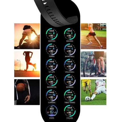 Daily Health Tracker Bracelet for Everyday Wellness Monitoring showing activity screens for running, cycling, steps, heart rate and sports modes