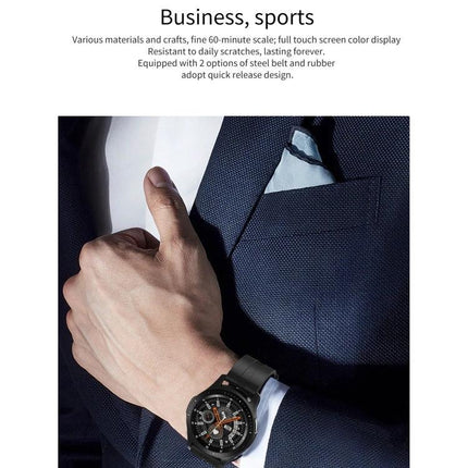 Daily Health Tracker Bracelet for Everyday Wellness Monitoring shown on wrist with business suit, black strap tracking steps and heart rate
