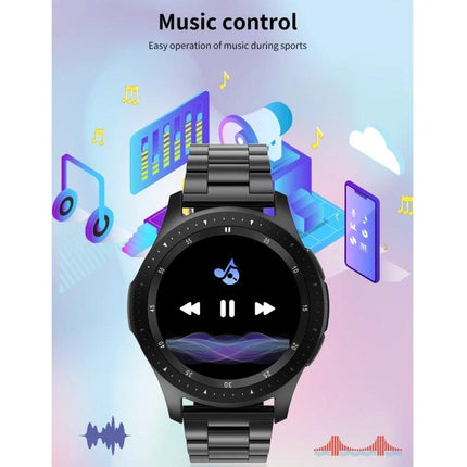 Daily Health Tracker Bracelet for Everyday Wellness Monitoring with music control screen showing play pause icons and metal band