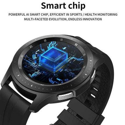 Daily Health Tracker Bracelet for Everyday Wellness Monitoring - black smartwatch with smart chip graphic showing AI health monitoring