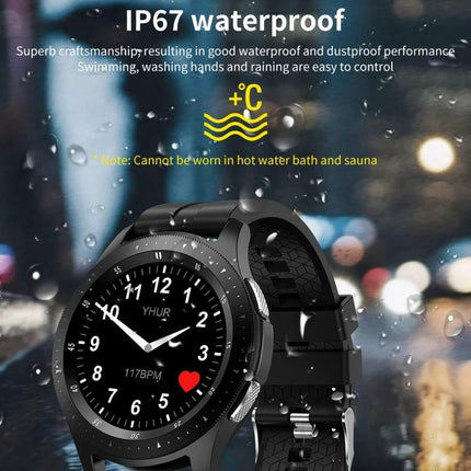 Daily Health Tracker Bracelet for Everyday Wellness Monitoring - black waterproof smartwatch showing heart rate, steps and IP67 rating in rain