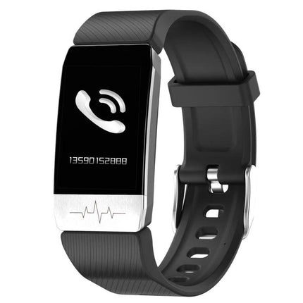 Daily Health Tracker Bracelet for Everyday Wellness — black fitness tracker showing call alert, step and heart-rate icons